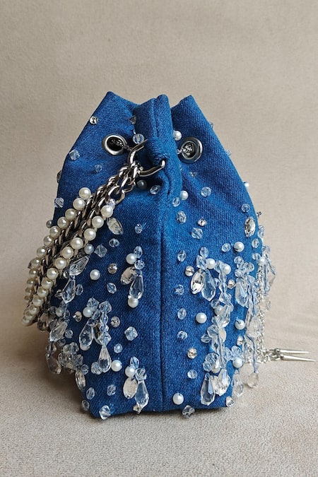 Plode_Blue Crystals, Pearls Denim Studded Bucket Bag _Online_at_Aza_Fashions