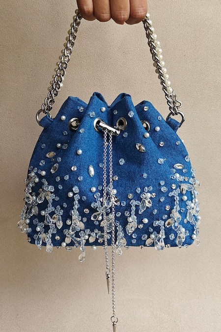 Buy_Plode_Blue Crystals, Pearls Denim Studded Bucket Bag _Online_at_Aza_Fashions