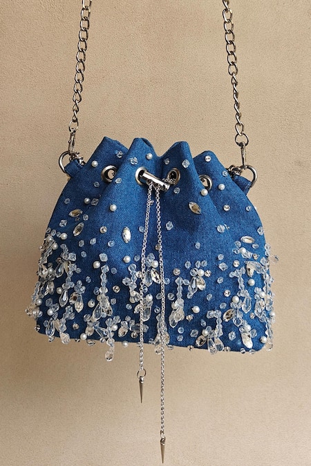 Shop_Plode_Blue Crystals, Pearls Denim Studded Bucket Bag _Online_at_Aza_Fashions