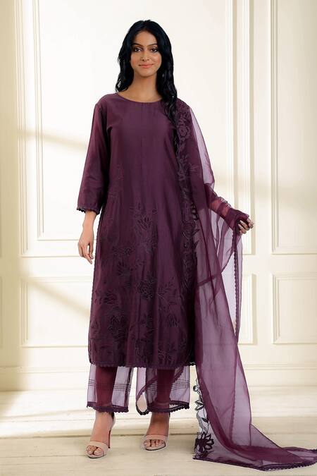 Omana By Ranjana Bothra Purple Chanderi, Organza Embroidery, Cut Work Round Gul Placement Kurta Set Online at Aza Fashions Omana By Ranjana Bothra_Purple Chanderi, Organza Embroidery, Cut Work Round Gul Placement Kurta Set _Online_at_Aza_Fashions