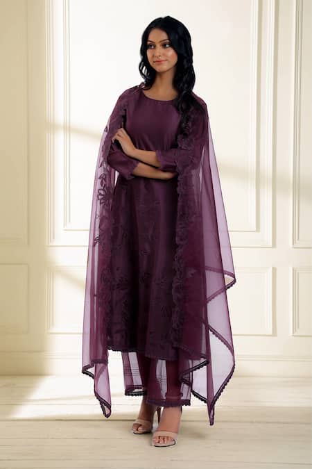 Shop Omana By Ranjana Bothra Purple Chanderi, Organza Embroidery, Cut Work Round Gul Placement Kurta Set Online at Aza Fashions Shop_Omana By Ranjana Bothra_Purple Chanderi, Organza Embroidery, Cut Work Round Gul Placement Kurta Set _Online_at_Aza_Fashions