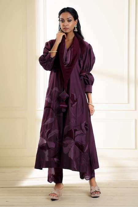 Omana By Ranjana Bothra Purple Chanderi, Organza Embroidery, Cut Work, Safina A-line Kurta Set Online at Aza Fashions Omana By Ranjana Bothra_Purple Chanderi, Organza Embroidery, Cut Work, Safina A-line Kurta Set _Online_at_Aza_Fashions