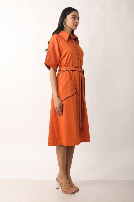Veera Wear Orange Cotton Collared Midi Dress Online at Aza Fashions Veera Wear_Orange Cotton Collared Midi Dress _Online_at_Aza_Fashions