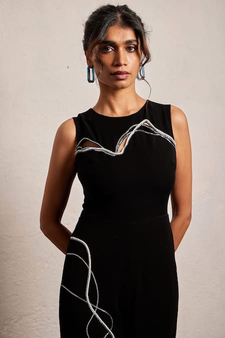 Pocket Stories Black Microfiber Beads Round Neck Wave Pattern Embroidered Jumpsuit Online at Aza Fashions Pocket Stories_Black Microfiber Beads Round Neck Wave Pattern Embroidered Jumpsuit _Online_at_Aza_Fashions