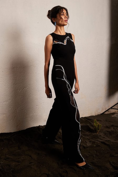 Shop Pocket Stories Black Microfiber Beads Round Neck Wave Pattern Embroidered Jumpsuit Online at Aza Fashions Shop_Pocket Stories_Black Microfiber Beads Round Neck Wave Pattern Embroidered Jumpsuit _Online_at_Aza_Fashions