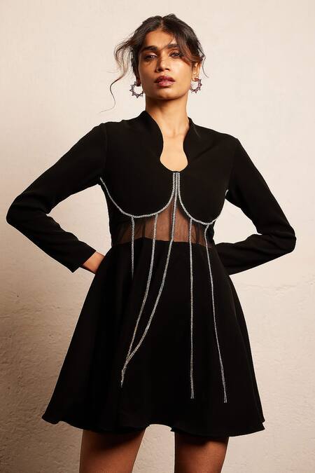 Pocket Stories_Black Microfiber Crystals Plunge Neck Stone Tassel Detail Flared Dress _Online_at_Aza_Fashions
