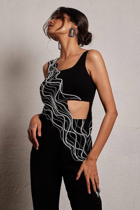 Shop Pocket Stories Black Microfiber Beads Square Neck Crystal Wave Embroidered Jumpsuit Online at Aza Fashions Shop_Pocket Stories_Black Microfiber Beads Square Neck Crystal Wave Embroidered Jumpsuit _Online_at_Aza_Fashions