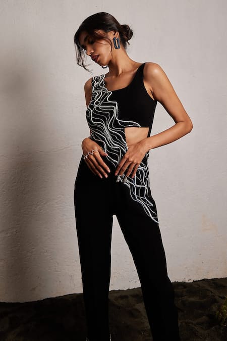 Buy Pocket Stories Black Microfiber Beads Square Neck Crystal Wave Embroidered Jumpsuit Buy_Pocket Stories_Black Microfiber Beads Square Neck Crystal Wave Embroidered Jumpsuit