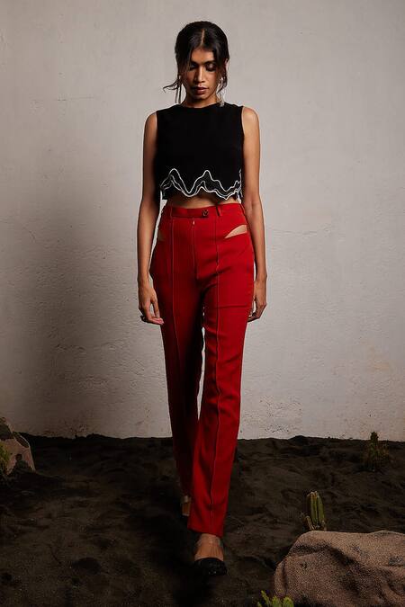 Pocket Stories_Black Microfiber Beads Round Neck Wave Pattern Crop Top _at_Aza_Fashions