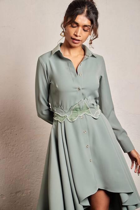 Shop Pocket Stories Green Microfiber Collared High Low Hem Dress Online at Aza Fashions Shop_Pocket Stories_Green Microfiber Collared High Low Hem Dress _Online_at_Aza_Fashions