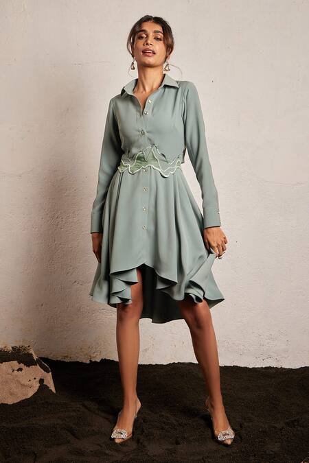 Pocket Stories Green Microfiber Collared High Low Hem Dress at Aza Fashions Pocket Stories_Green Microfiber Collared High Low Hem Dress _at_Aza_Fashions