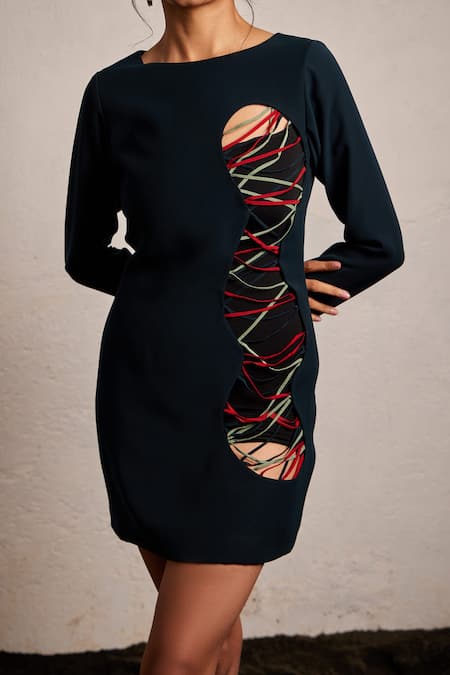 Buy Pocket Stories Black Microfiber Boat Neck Cutout Detail Short Dress Online at Aza Fashions Buy_Pocket Stories_Black Microfiber Boat Neck Cutout Detail Short Dress _Online_at_Aza_Fashions