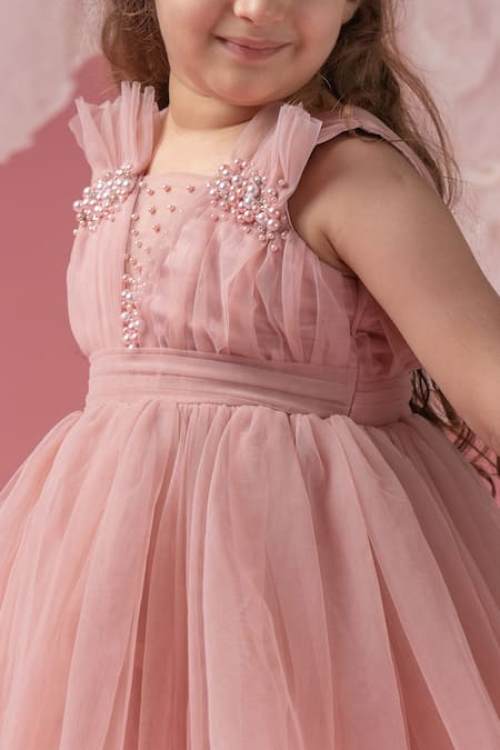 Darleen Kids Couture Pink Net, Taffeta Pearls Pretty Pleats Dress Online at Aza Fashions Darleen Kids Couture_Pink Net, Taffeta Pearls Pretty Pleats Dress _Online_at_Aza_Fashions