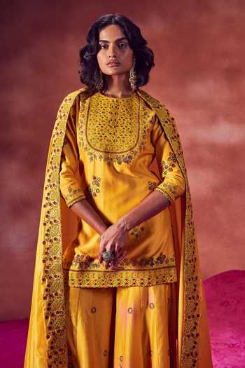 Punit Balana Yellow Chanderi And Organza Hand Block Print, Resham & Kurta Sharara Set Online at Aza Fashions Punit Balana_Yellow Chanderi And Organza Hand Block Print, Resham & Kurta Sharara Set _Online_at_Aza_Fashions