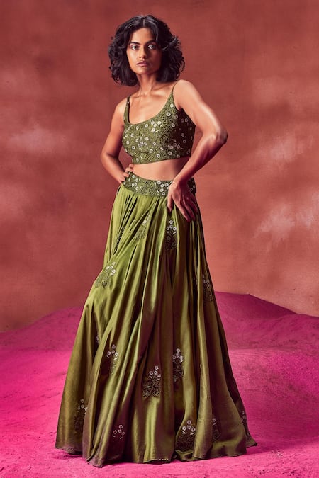 Punit Balana_Green Resham And Mirror Scoop Neck Floral Embroidered Lehenga Set _Online_at_Aza_Fashions