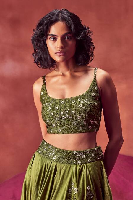 Buy_Punit Balana_Green Resham And Mirror Scoop Neck Floral Embroidered Lehenga Set _Online_at_Aza_Fashions