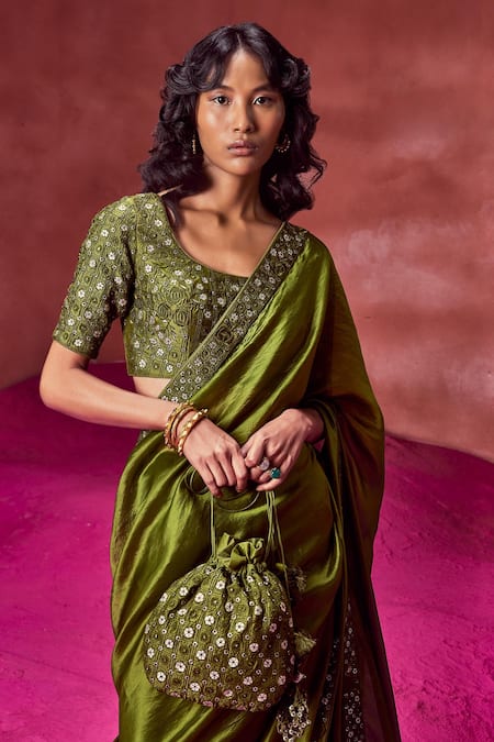 Punit Balana Green Organza Silk Resham And Mirror Scoop Border Embroidered Saree With Blouse Online at Aza Fashions Punit Balana_Green Organza Silk Resham And Mirror Scoop Border Embroidered Saree With Blouse _Online_at_Aza_Fashions
