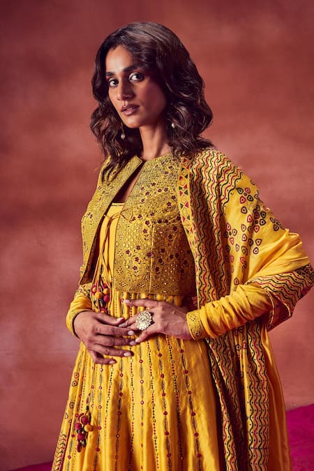Punit Balana Yellow Chanderi Silk Resham, Mirror And Beads Embroidered Jacket & Anarkali Set Online at Aza Fashions Punit Balana_Yellow Chanderi Silk Resham, Mirror And Beads Embroidered Jacket & Anarkali Set _Online_at_Aza_Fashions