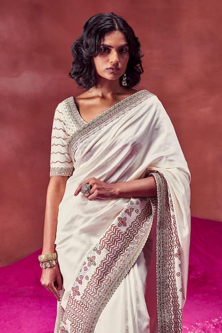 Punit Balana Ivory Tussar Silk Hand Block Print, Zardozi And Sequin, Border Saree With Blouse Online at Aza Fashions Punit Balana_Ivory Tussar Silk Hand Block Print, Zardozi And Sequin, Border Saree With Blouse _Online_at_Aza_Fashions