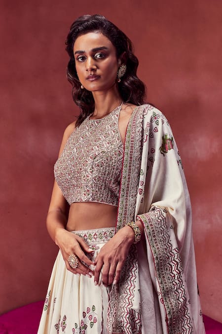 Punit Balana_Ivory Hand Block Print, Marodi And Zardozi Halter Lehenga Set _Online_at_Aza_Fashions