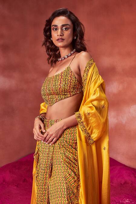 Punit Balana_Yellow Satin And Organza Hand Block Embroidered Cape & Draped Skirt Set _Online_at_Aza_Fashions