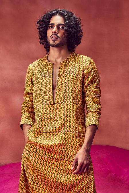 Punit Balana_Yellow Satin Silk Hand Block Print Kurta Set _Online_at_Aza_Fashions