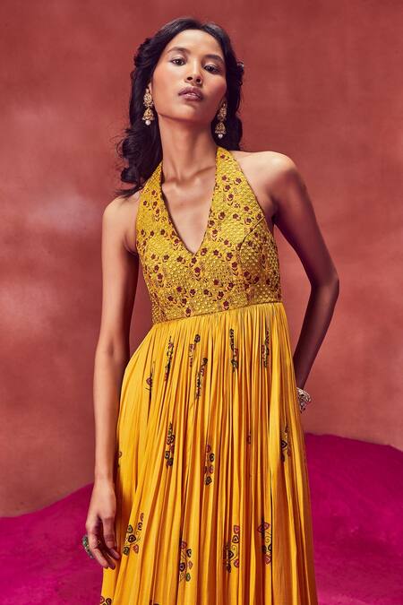Punit Balana_Yellow Satin And Organza Hand Block Print, Resham & Mirror Halter Gown _Online_at_Aza_Fashions