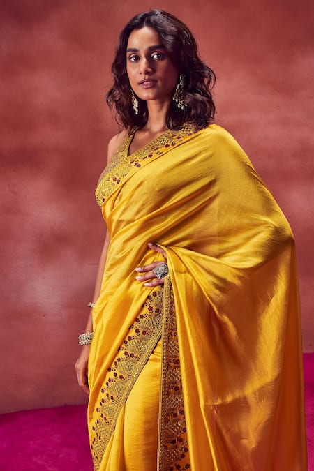 Punit Balana Yellow Organza Silk Resham And Mirror V Neck Border Embroidered Saree With Blouse Online at Aza Fashions Punit Balana_Yellow Organza Silk Resham And Mirror V Neck Border Embroidered Saree With Blouse _Online_at_Aza_Fashions