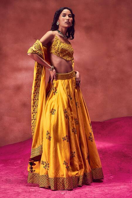 Buy Punit Balana Yellow Hand Block Print, Resham And Mirror Scoop Neck Lehenga Set Online at Aza Fashions Buy_Punit Balana_Yellow Hand Block Print, Resham And Mirror Scoop Neck Lehenga Set _Online_at_Aza_Fashions