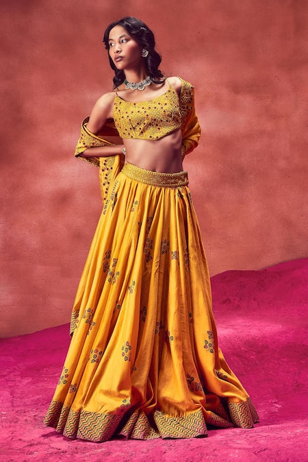 Shop Punit Balana Yellow Hand Block Print, Resham And Mirror Scoop Neck Lehenga Set Online at Aza Fashions Shop_Punit Balana_Yellow Hand Block Print, Resham And Mirror Scoop Neck Lehenga Set _Online_at_Aza_Fashions