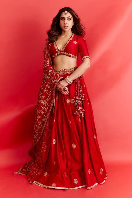 Buy_Punit Balana_Red Brocade, Organza, Silk Tassels Surkh Laal Banarasi Bridal Lehenga Set 