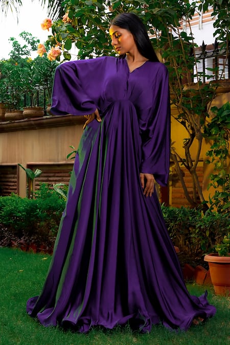 Omana By Ranjana Bothra_Purple Satin Sequins V-neck Flared Gown _Online_at_Aza_Fashions