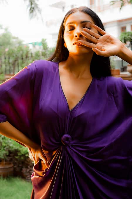 Omana By Ranjana Bothra_Purple Satin Embroidery V-neck Knotty Cowl Draped Kaftan _Online_at_Aza_Fashions