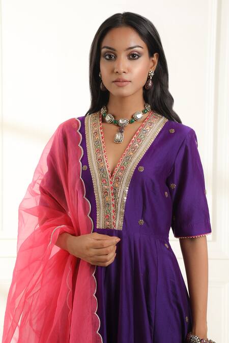 Buy Omana By Ranjana Bothra Purple Chanderi, Organza Embroidery V-neck Mastaani Placket Anarkali Set Online at Aza Fashions Buy_Omana By Ranjana Bothra_Purple Chanderi, Organza Embroidery V-neck Mastaani Placket Anarkali Set _Online_at_Aza_Fashions