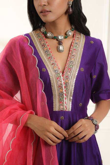 Shop Omana By Ranjana Bothra Purple Chanderi, Organza Embroidery V-neck Mastaani Placket Anarkali Set Online at Aza Fashions Shop_Omana By Ranjana Bothra_Purple Chanderi, Organza Embroidery V-neck Mastaani Placket Anarkali Set _Online_at_Aza_Fashions