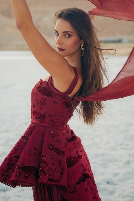 Buy_Sahil Kochhar_Maroon Organza And Chiffon Embroidered Floral Qadar Draped Marshala Gown  _Online_at_Aza_Fashions