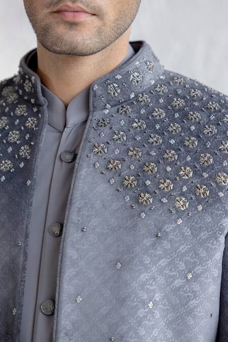 Qbik_Grey Jacket Embossed Velvet Embroidered Floral Aabid And Trouser Set_Online_at_Aza_Fashions