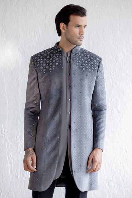Buy_Qbik_Grey Jacket Embossed Velvet Embroidered Floral Aabid And Trouser Set_Online_at_Aza_Fashions