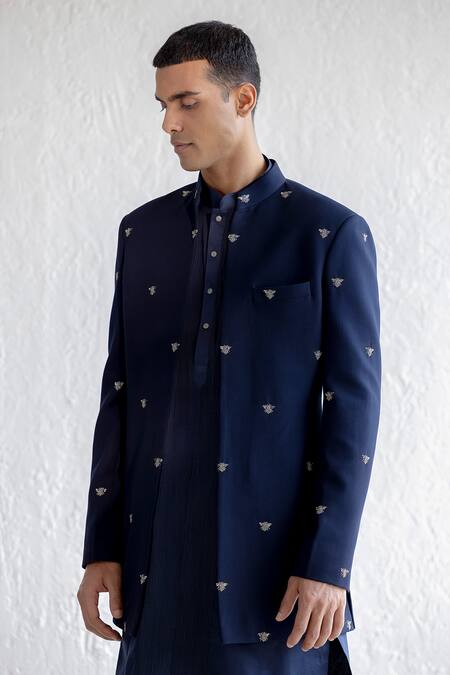 Qbik Blue Jacket Viscose Wool Embroidered Bee And Trouser Set Online at Aza Fashions Qbik_Blue Jacket Viscose Wool Embroidered Bee And Trouser Set_Online_at_Aza_Fashions