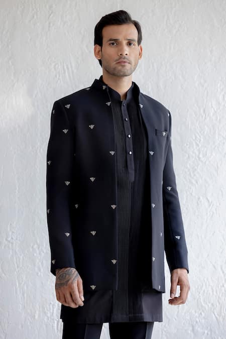 Qbik_Black Jacket Viscose Wool Embroidered Bee And Trouser Set_Online_at_Aza_Fashions