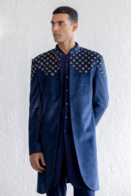 Qbik Blue Jacket Embossed Velvet Embroidered Floral Aabid And Trouser Set Online at Aza Fashions Qbik_Blue Jacket Embossed Velvet Embroidered Floral Aabid And Trouser Set_Online_at_Aza_Fashions