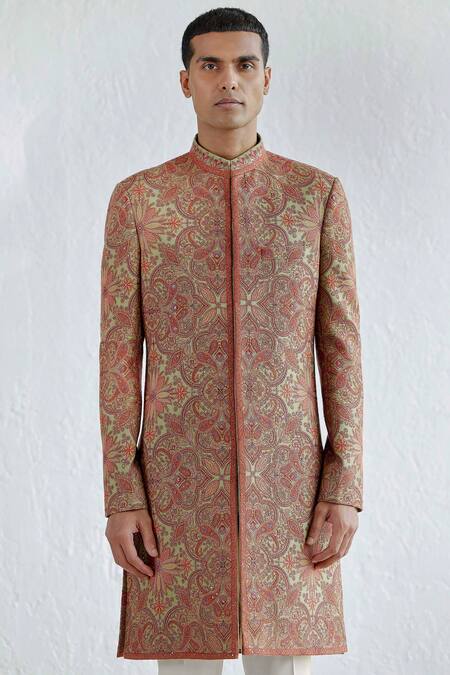Buy_Qbik_Green Viscose, Wool Embroidery Nazeem Kashmiri Sherwani With Trouser_Online_at_Aza_Fashions