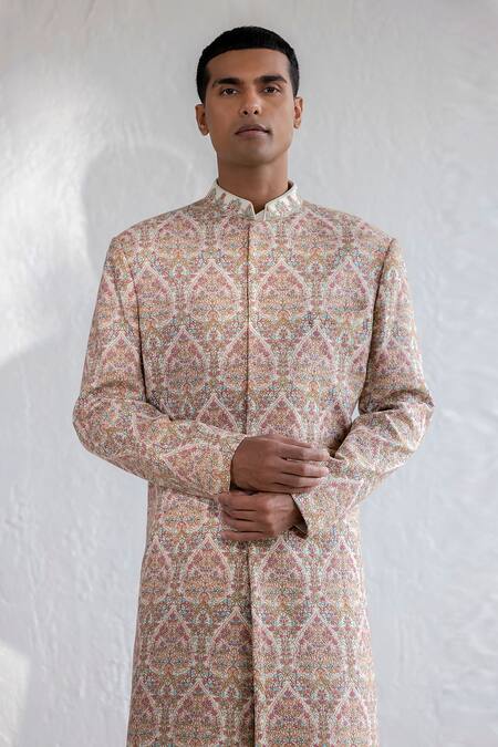 Qbik_Multi Color Sherwani Embroidered Salah Set_Online_at_Aza_Fashions