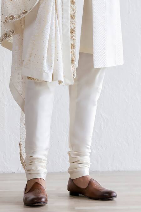 Shop_Qbik_Ivory Sherwani Cotton Silk Embroidered Stole Purdil Pintuck Textured Set_Online_at_Aza_Fashions