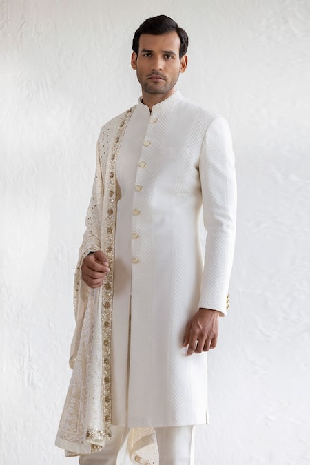 Buy_Qbik_Ivory Sherwani Cotton Silk Embroidered Stole Purdil Pintuck Textured Set_Online_at_Aza_Fashions