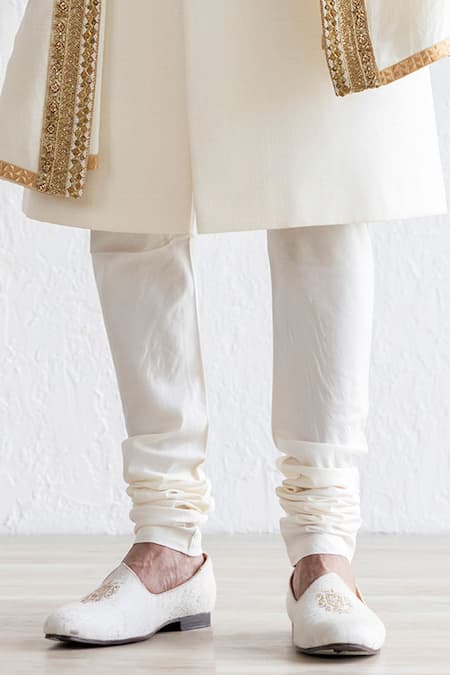 Qbik Ivory Tussar, Cotton Satin, Mohair Nabi Sherwani Set With Border Stole Online at Aza Fashions Qbik_Ivory Tussar, Cotton Satin, Mohair Nabi Sherwani Set With Border Stole_Online_at_Aza_Fashions