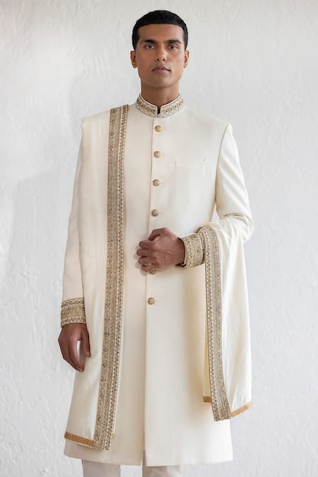 Buy Qbik Ivory Tussar, Cotton Satin, Mohair Nabi Sherwani Set With Border Stole Online at Aza Fashions Buy_Qbik_Ivory Tussar, Cotton Satin, Mohair Nabi Sherwani Set With Border Stole_Online_at_Aza_Fashions