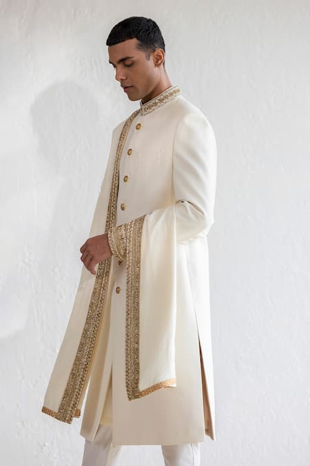 Shop Qbik Ivory Tussar, Cotton Satin, Mohair Nabi Sherwani Set With Border Stole Online at Aza Fashions Shop_Qbik_Ivory Tussar, Cotton Satin, Mohair Nabi Sherwani Set With Border Stole_Online_at_Aza_Fashions