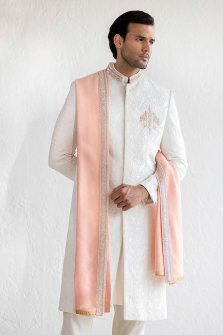 Qbik_Ivory Sherwani Georgette Floral Aadam Thread Set_Online_at_Aza_Fashions