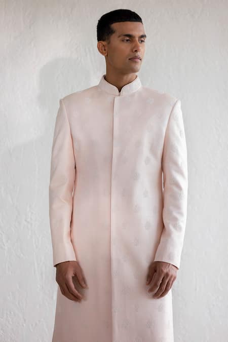 Qbik_Pink Sherwani Cotton Matka Embroidered Floral Abduz Bead Set_Online_at_Aza_Fashions
